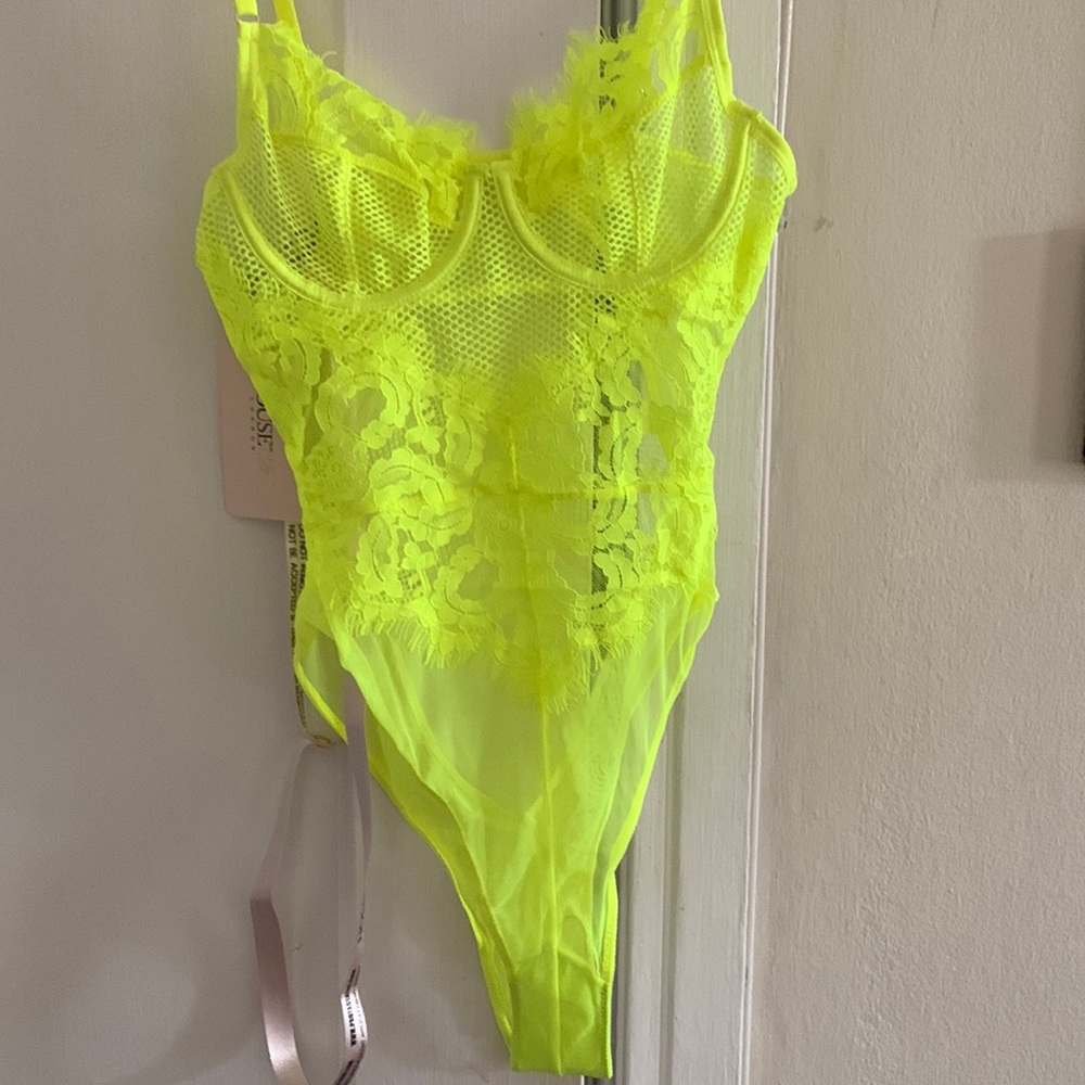 NWT House if CB neon yellow mesh and lace lingerie one piece